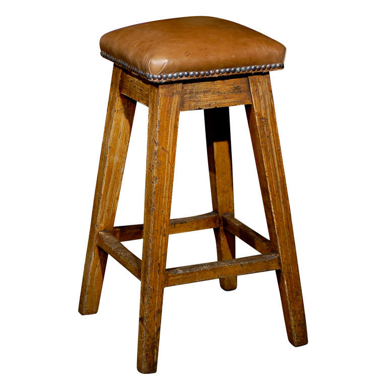 19th Century CaramelColored Leather Top Barstool with Grain Painted