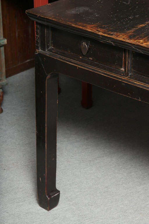 19th Century Antique Elmwood Shanxi Black Lacquered Table with 4 Drawers.