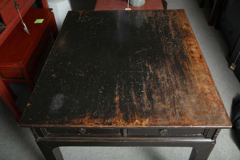 Antique Elmwood Shanxi Black Lacquered Table with 4 Drawers. 3