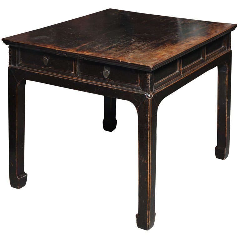 Antique Elmwood Shanxi Black Lacquered Table with 4 Drawers.