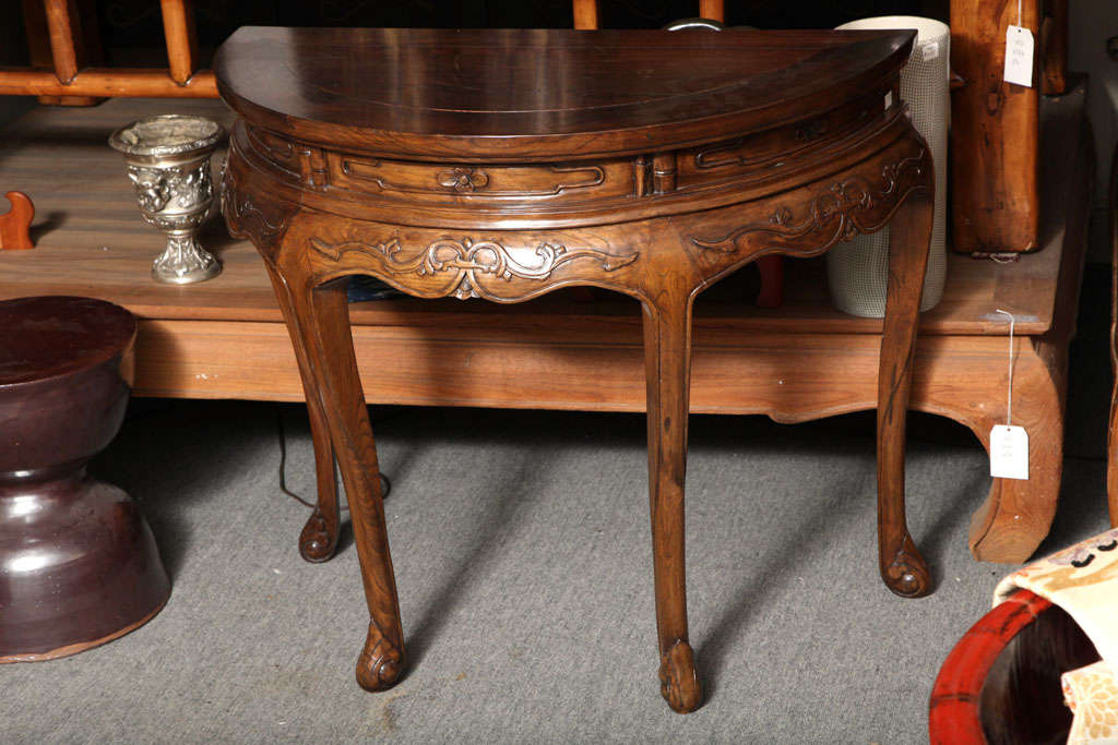19th Century Chinese Shanxi Elmwood Demilune Table with Carved Apron In Excellent Condition In Yonkers, NY