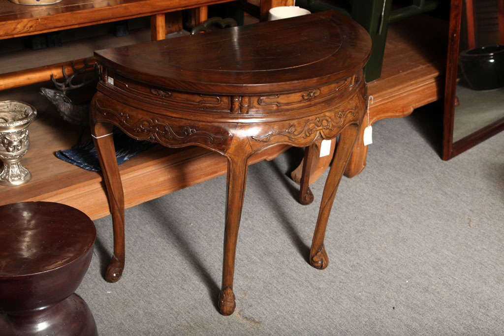 19th Century Chinese Shanxi Elmwood Demilune Table with Carved Apron 2