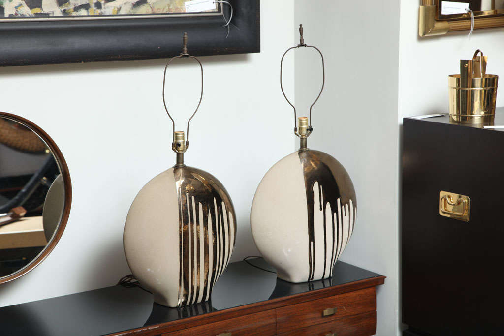 Mid-20th Century Italian Ceramic Table Lamps with Mettalic Dripping Glaze