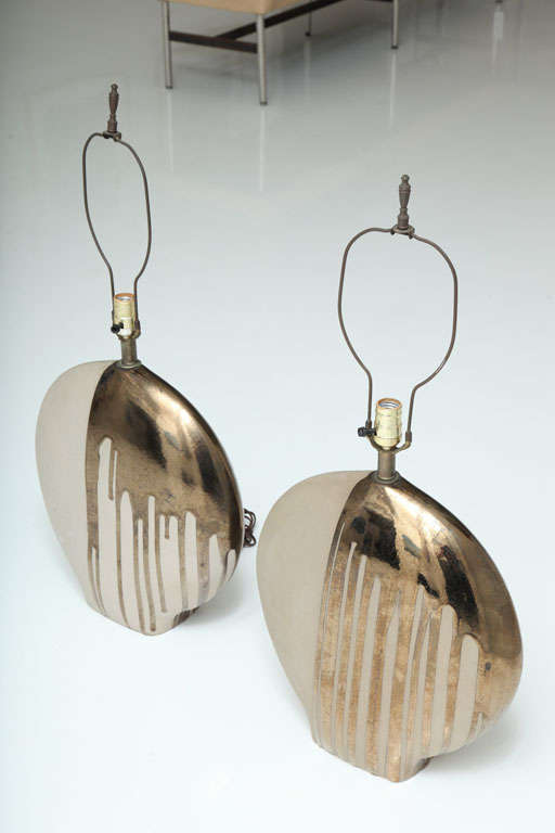 Italian Ceramic Table Lamps with Mettalic Dripping Glaze 5