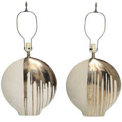Italian Ceramic Table Lamps with Mettalic Dripping Glaze