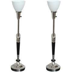 Pair of  Stiffel Nickel and Ebonized Wood Table Lamps