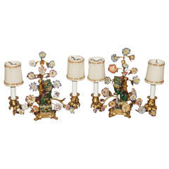 Pair Antique "Foo Dog" Lamps with Dresden Flowers
