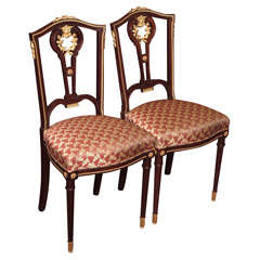 Pair Antique Louis XVI Mahogany Ormolu Mounted Side Chairs