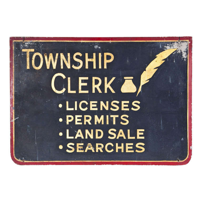 Quill and Inkwell Township Clerk Sign with Gilt Lettering For Sale