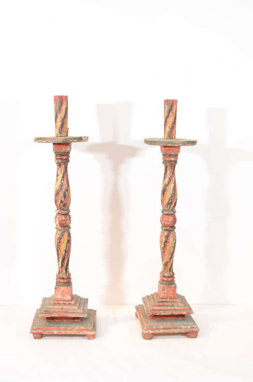English Pair of Antique Wood Carved Altar Candlesticks For Sale