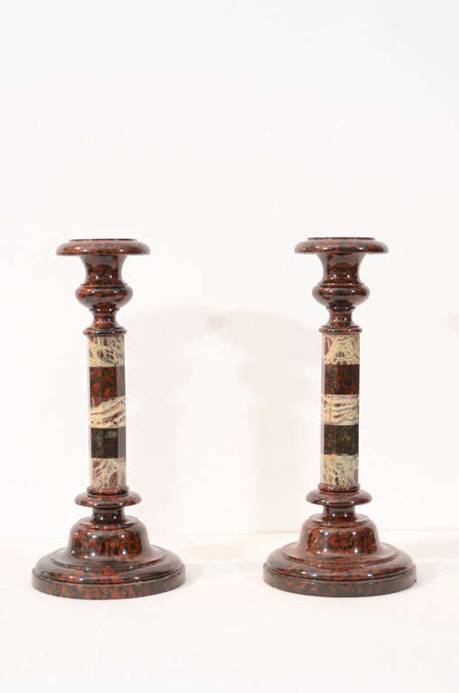English Pair of Antique Semi-Precious Stone Candlesticks For Sale