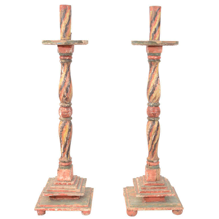 Pair of Antique Wood Carved Altar Candlesticks For Sale at 1stdibs