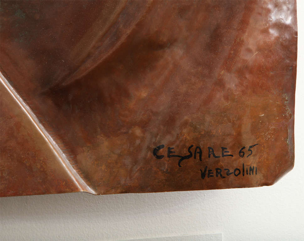 An Italian 1960s patinated copper wall sculpture of unicorns, signed Cesare Verzolini 65'.

10486