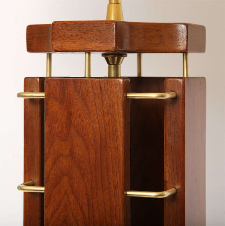  Table Lamp Mid Century Modern Architectural wood and brass 1950's For Sale 1