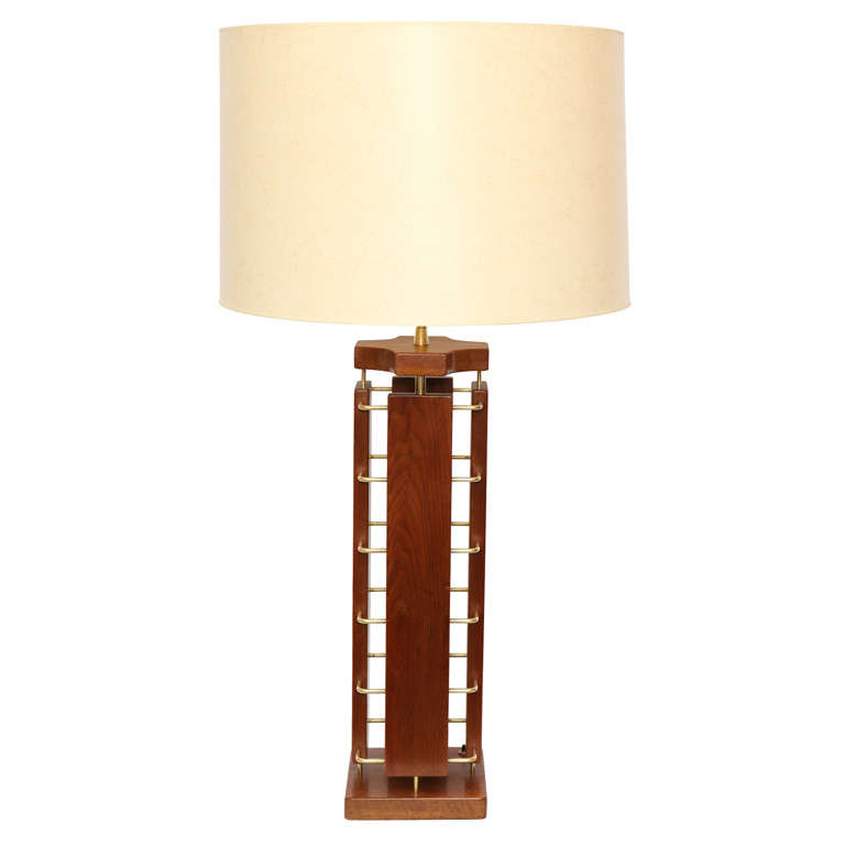  Table Lamp Mid Century Modern Architectural wood and brass 1950's For Sale