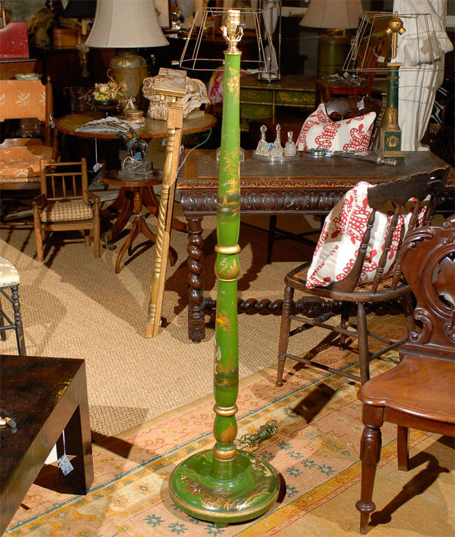 Bright Apple Green chinoiserie floor lamp with round footed base.