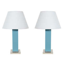 Pair of Blue Ceramic Rectangular Lamps with Square Base