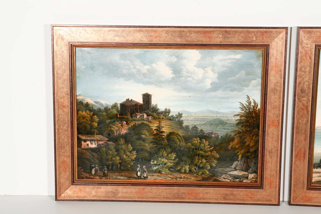 Metal Pair of 19th Century Italian Landscape Paintings