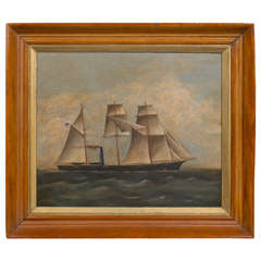 Oil Painting of Ship with American Flag