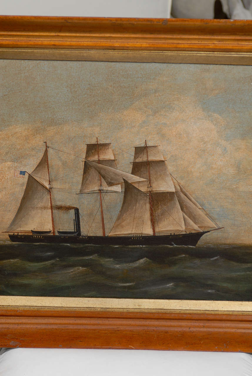 Oil Painting of Ship with American Flag In Excellent Condition In Atlanta, GA