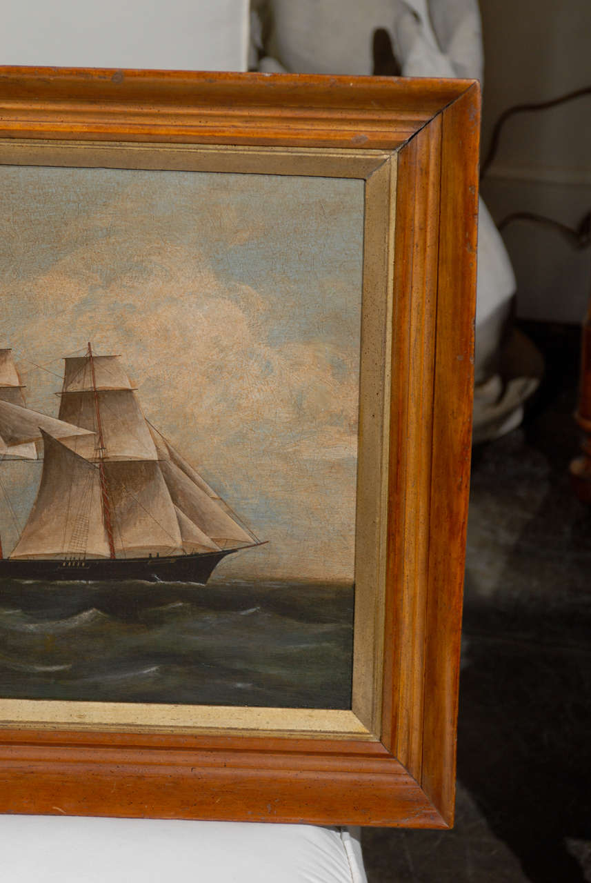 19th Century Oil Painting of Ship with American Flag