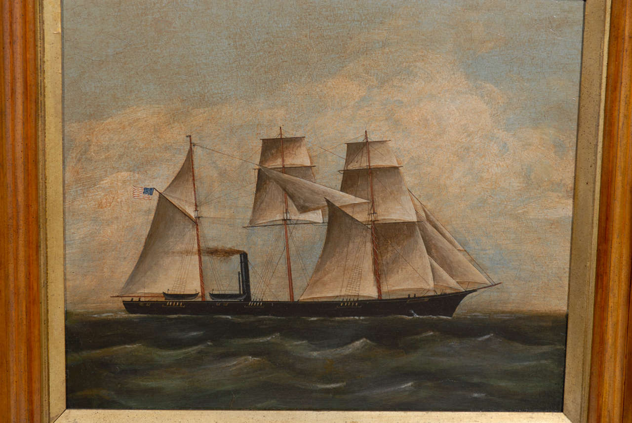 Wood Oil Painting of Ship with American Flag