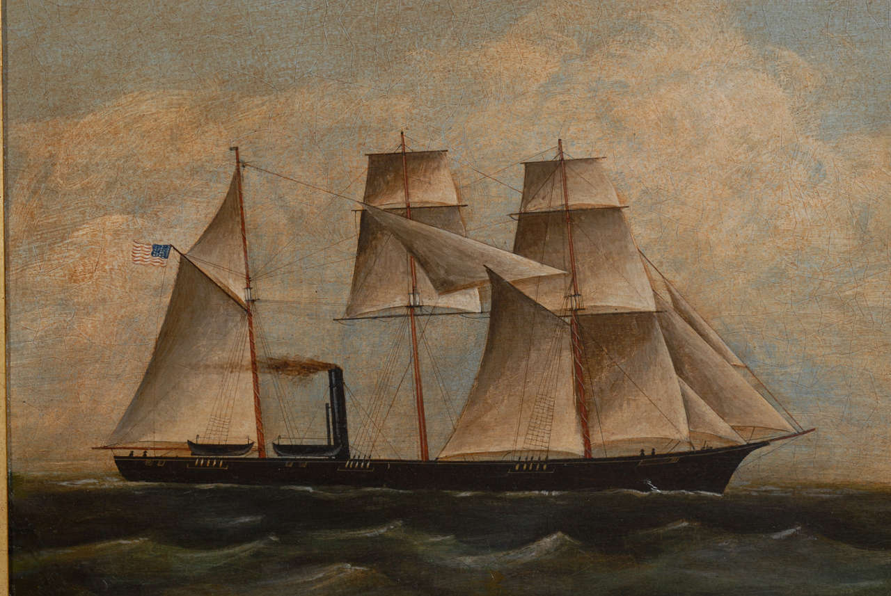 Oil Painting of Ship with American Flag 1