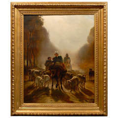 French 19th Century Oil Painting of Peasants Going to the Market with Sheep