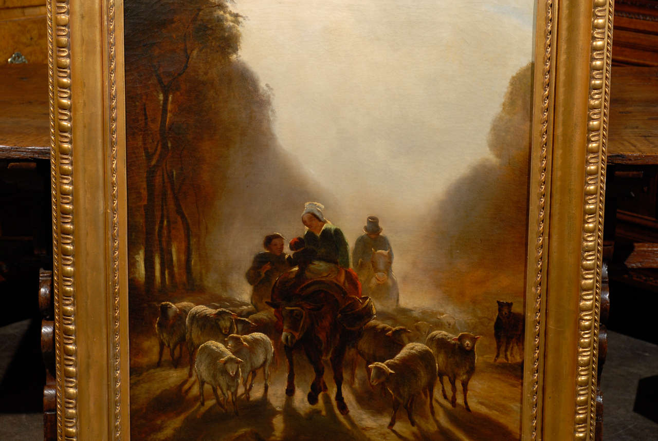 French 19th Century Oil Painting of Peasants Going to the Market with Sheep In Good Condition In Atlanta, GA