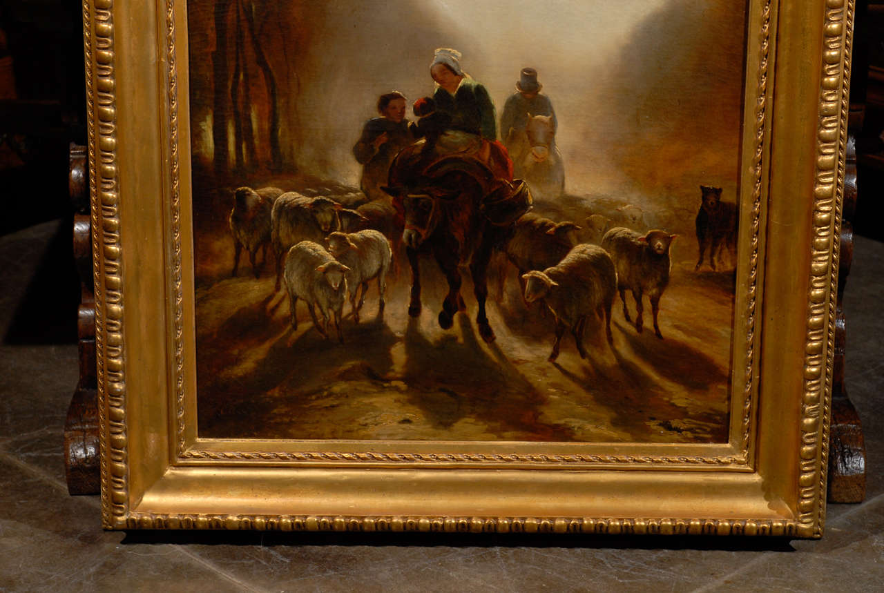 Canvas French 19th Century Oil Painting of Peasants Going to the Market with Sheep
