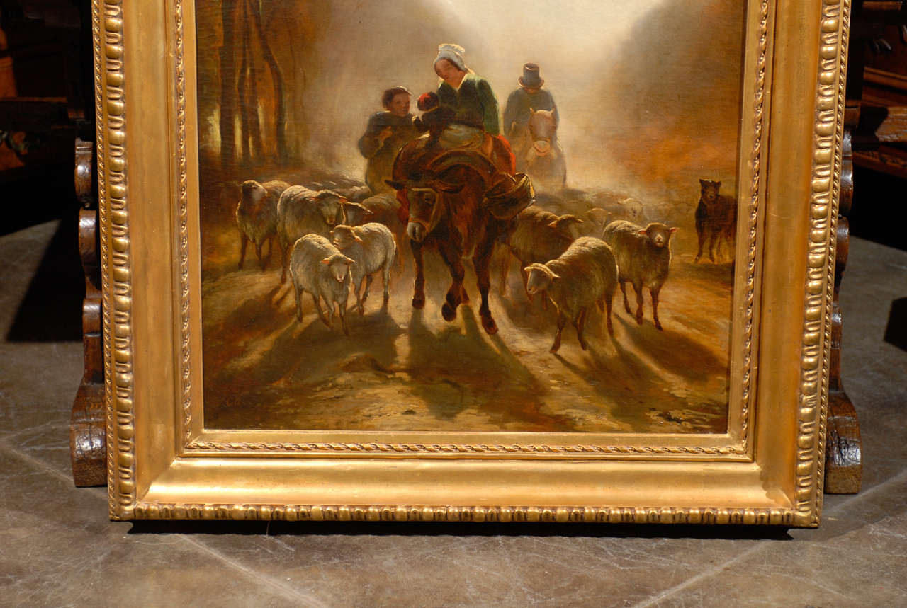French 19th Century Oil Painting of Peasants Going to the Market with Sheep 1