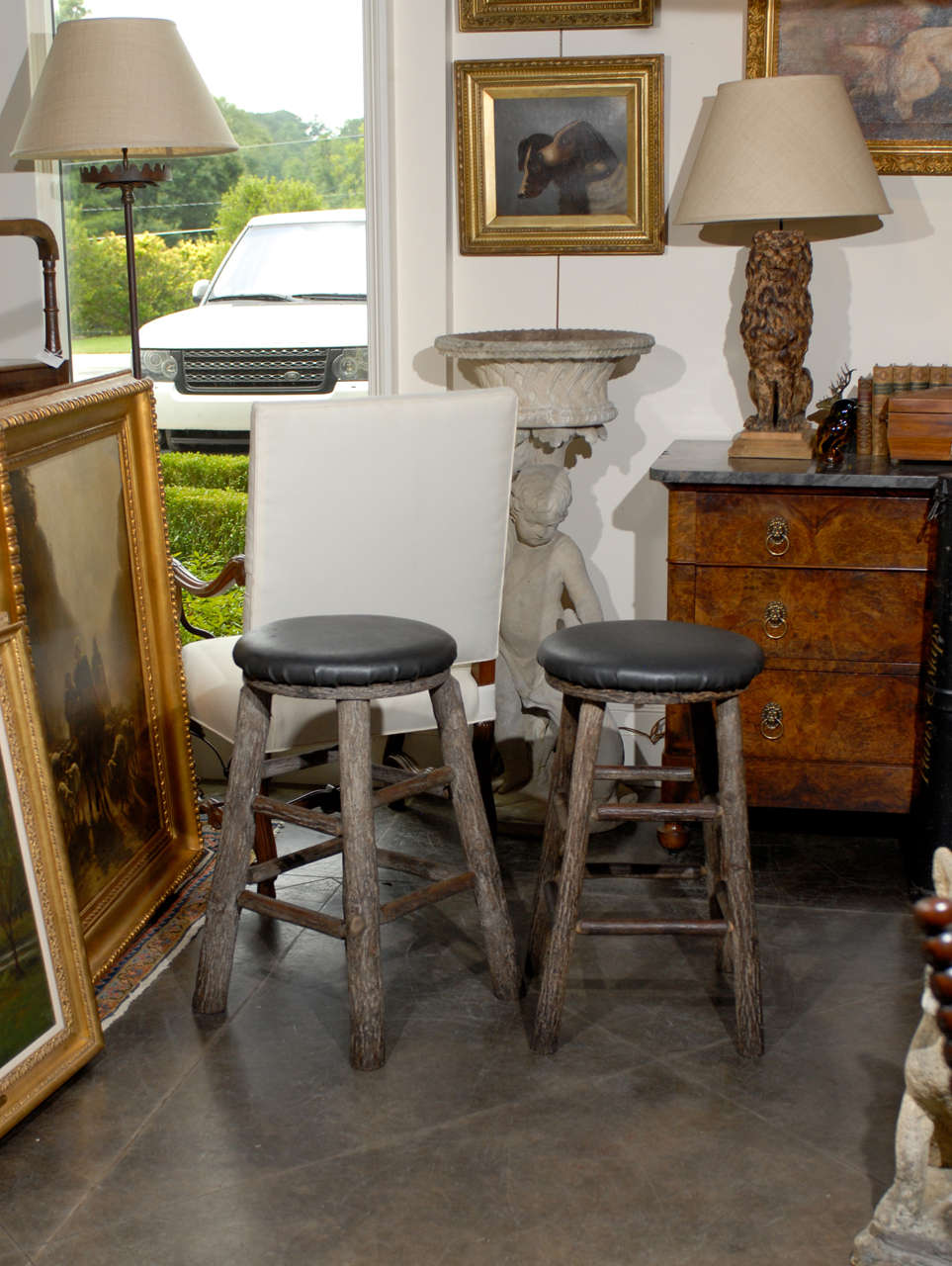 12 Round Rustic Vintage Bar Stools with Tree Logs Legs from the 20th ...