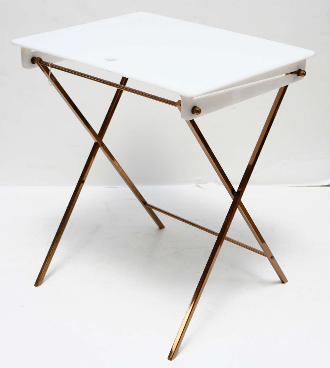 Pair of white acrylic & brass folding tray tables designed by Charles Hollis Jones