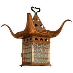 Beaten Cooper Arts and Crafts Lantern of Pagoda Form