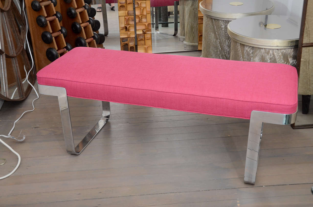 Milo Baughman chromed steel and upholstered hot pink bench.