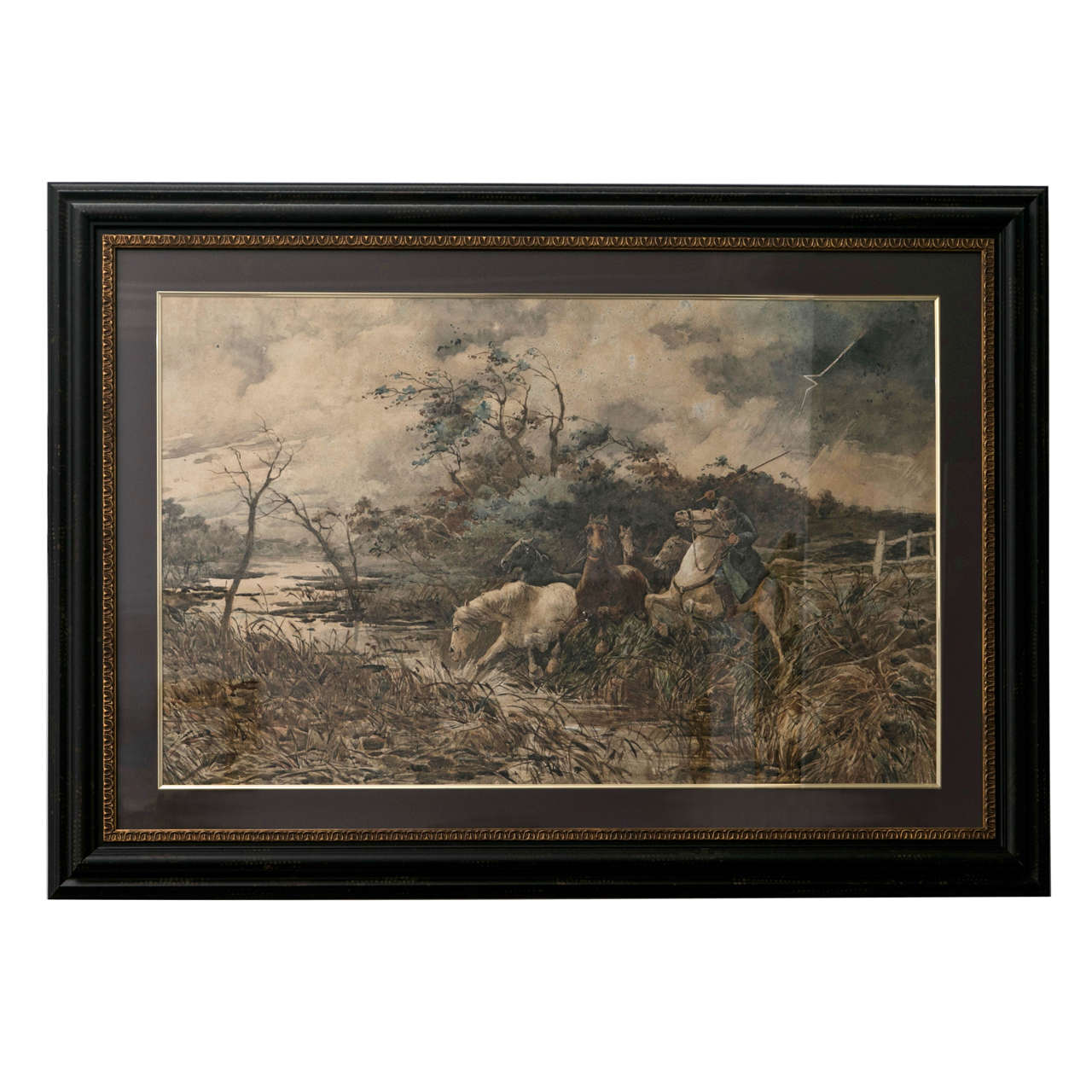 Late 19th Century Italian W/C "Horses Crossing the Pontine Marshes" Near Rome