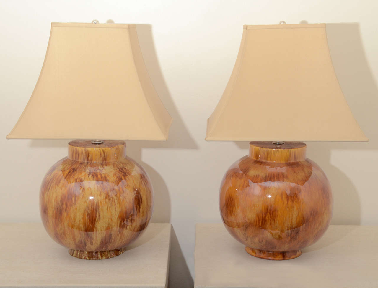 Pair of Large Orange Glazed Ceramic Lamps