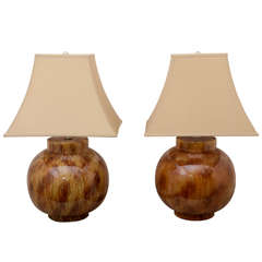 Pair of Large Orange Glazed Ceramic Lamps