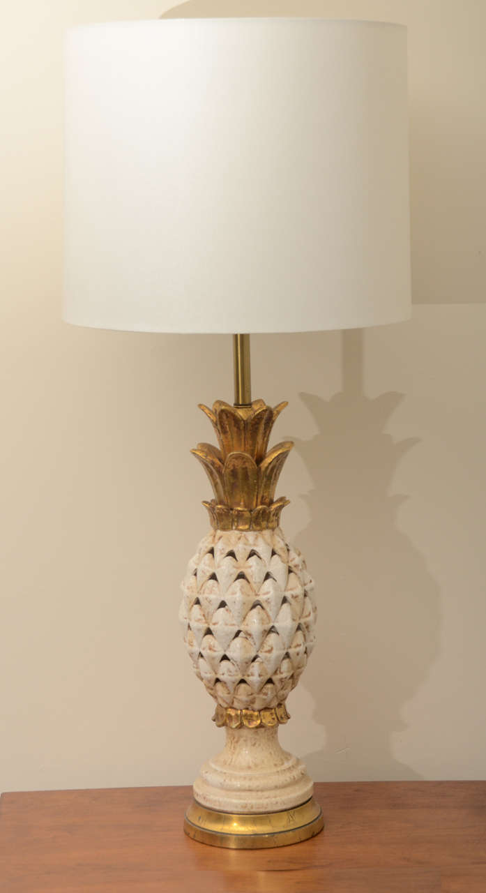 This large ceramic pineapple lamp produced by Marbro lighting company has a wonderful glaze finish with gold leaf accents. the lamp has been newly rewired.