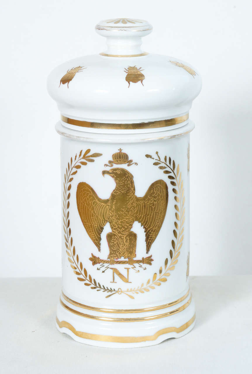 Lidded porcelain  apothecary jar with Napoleonic eagle and 
bees.