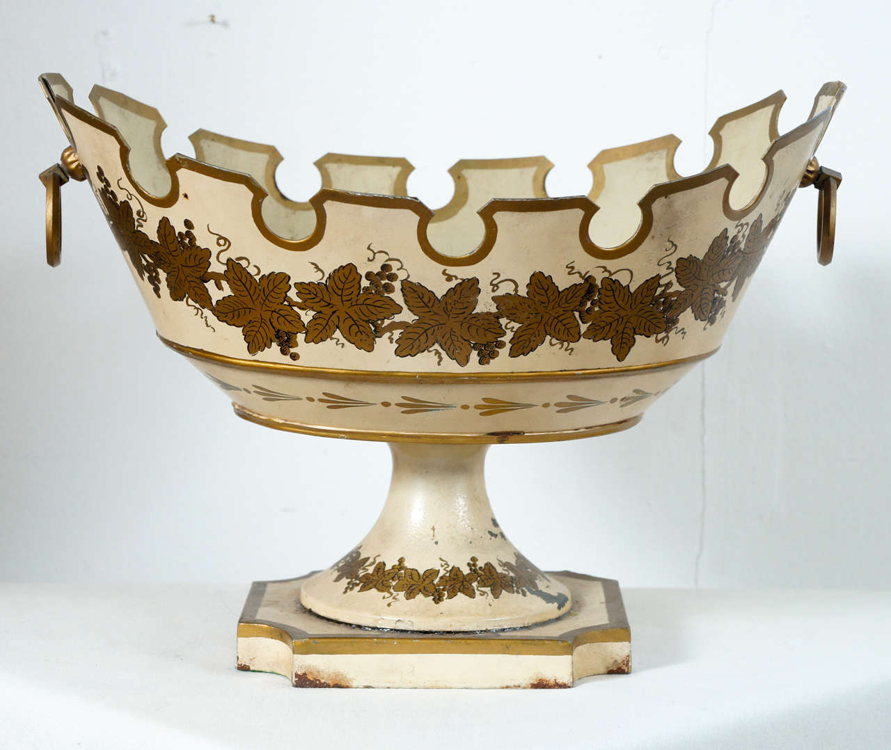French tole compote.  Monteith type of bowl. Creamy beige ground with gold decoration of grape leaves decorating the body of the piece. Modern