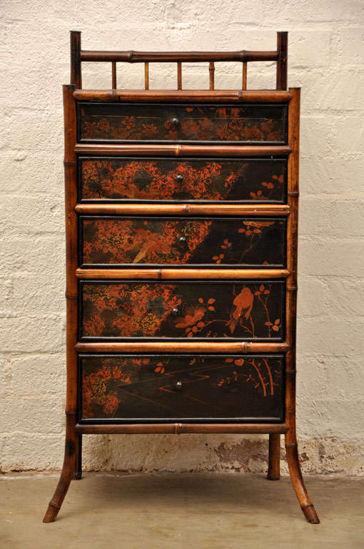 This charming cabinet is thought to be French, circa 1880, it has five graduated drawers, lacquered panels and out turned front legs. A very nice piece for that special setting. Jefferson West Antiques offer a large selection of antique furniture,