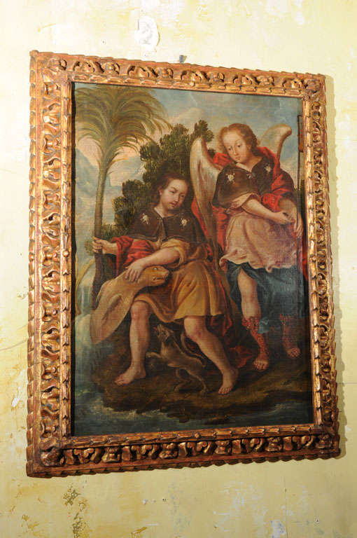 18th c. Painting from Spain Depicting Arch Angel San Raphael With Tobias And The Fish.New Carved Wood Frame. Typically This Painting Would Have Been Part Of A Larger Canvas.Beautiful Painting.