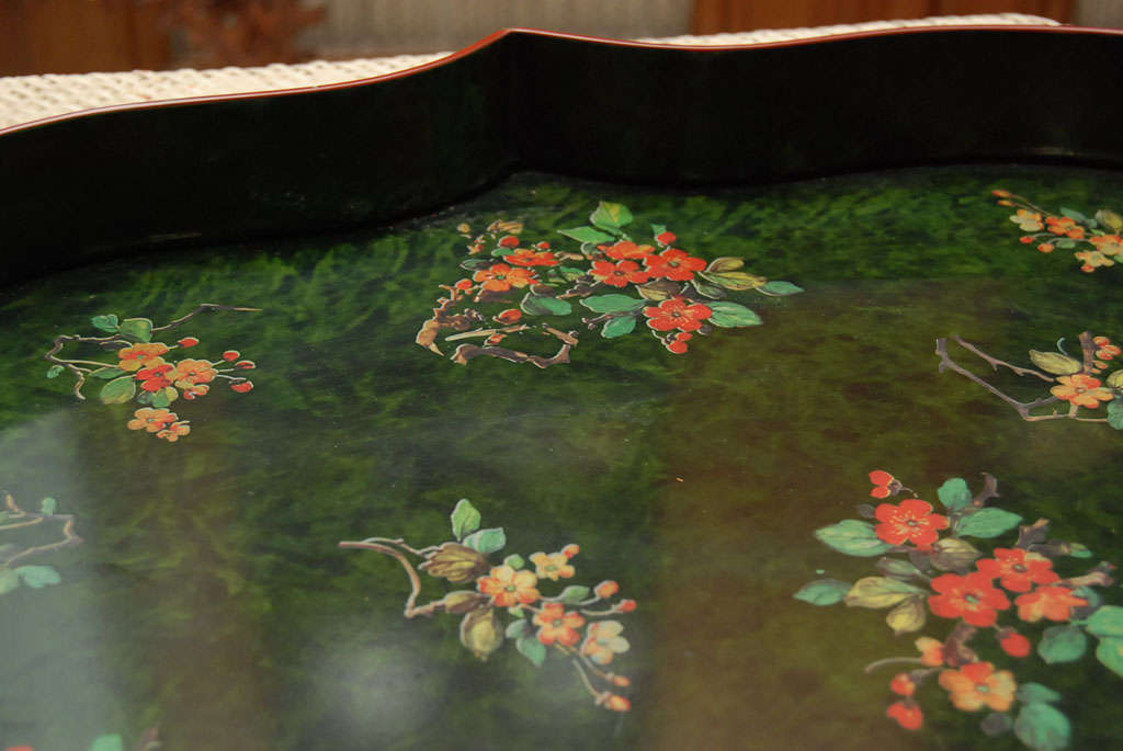 20th Century Green tole transfer decorated tray