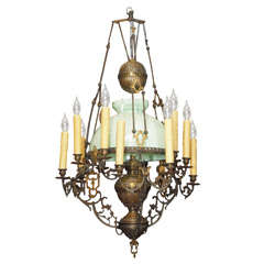 Large French Opaline and Brass Chandelier