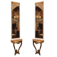 Pair old French giltwood & marble top consoles with pier mirrors