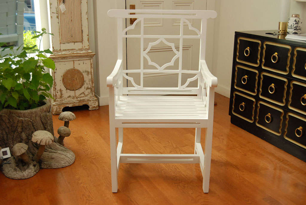 Crisp white and newly lacquered.<br />
This charming wooden chair is reminiscent of a lifeguard chair.<br />
Quantity of 2 are available.
