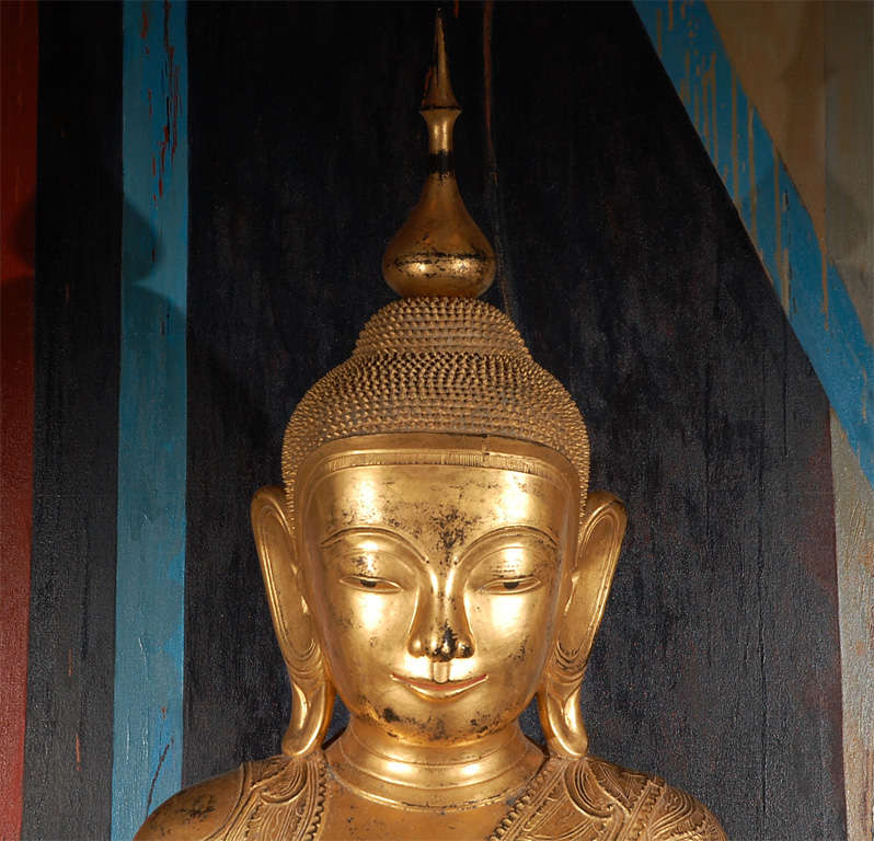 Hand-carved, painted and gilded, 19th century wood Buddha in the classical 