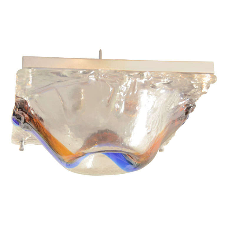Dimpled Glass Flush Mount Fixture Featuring Blue and Orange Stripe by Vistosi For Sale