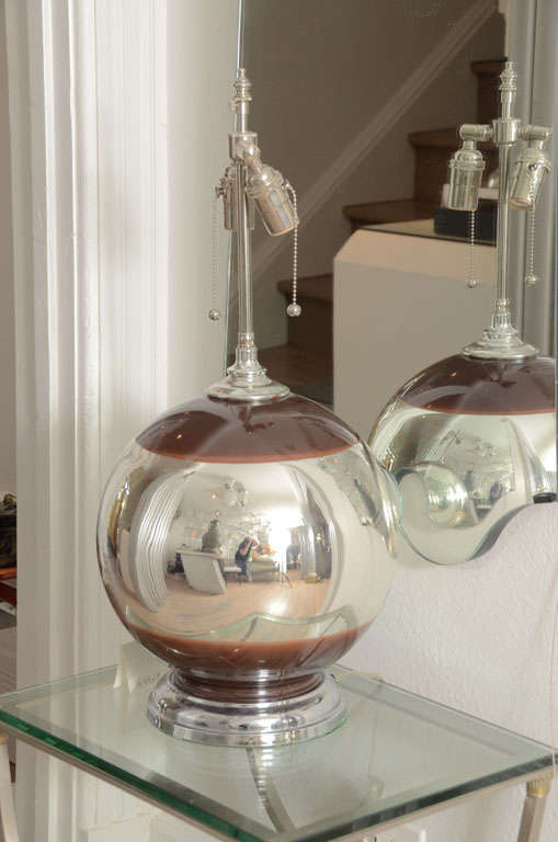 Pair of Round Mercury Lamps with Brown accent at the top & bottom with chrome base.